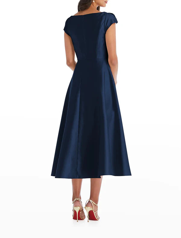 Luolandi A-Line Cocktail Dresses Elegant Dress Wedding Guest Engagement Tea Length Short Sleeve Scoop Neck Italy Satin with Draping Party Dress